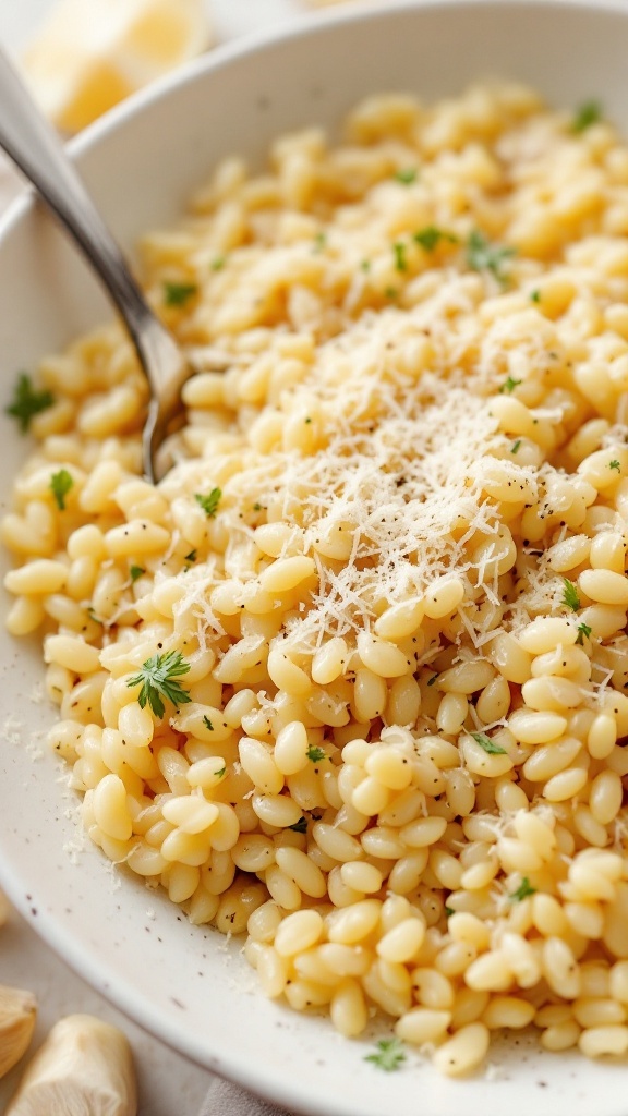 A bowl of orzo pasta with roasted garlic and Parmesan cheese sprinkled on top.