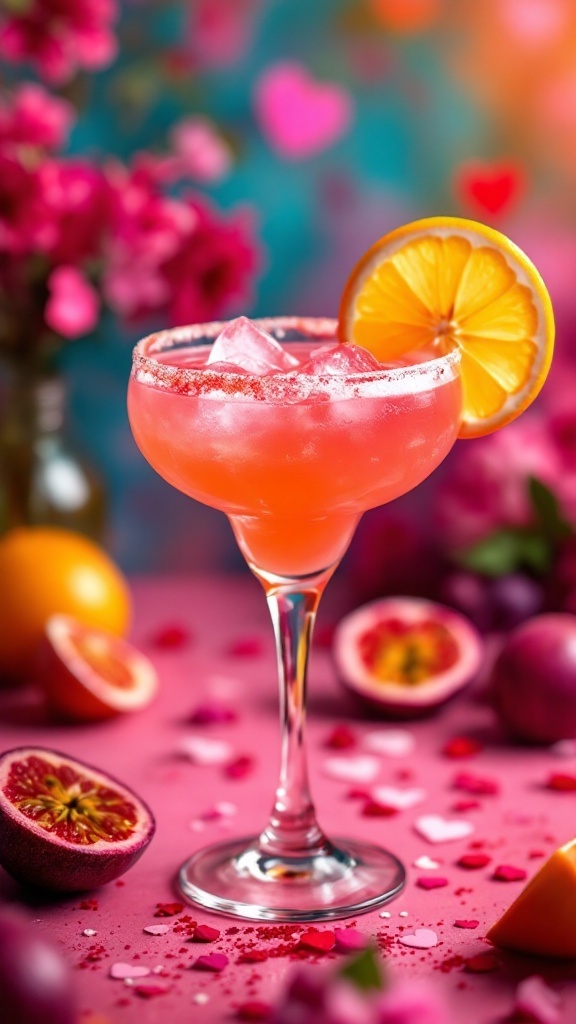 A vibrant Passionfruit Margarita in a glass, garnished with a slice of lime.