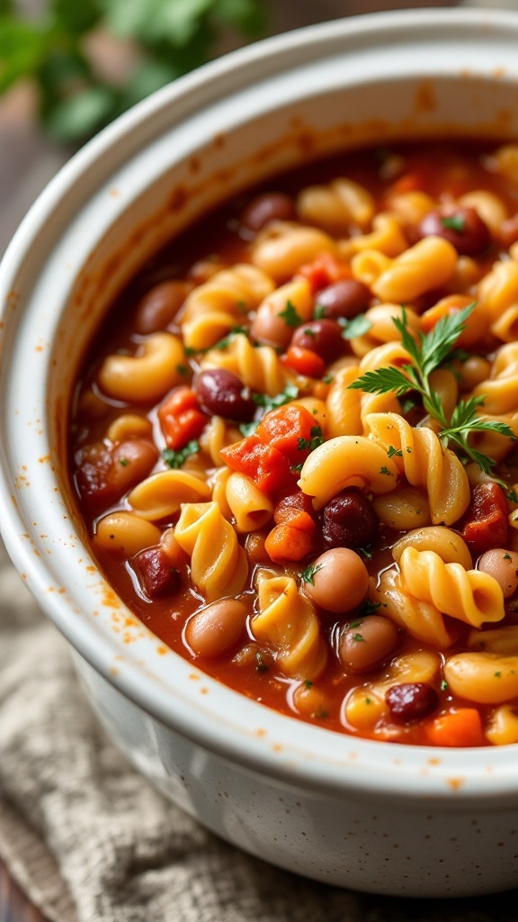 A bowl of Pasta e Fagioli with colorful beans and pasta in a rich tomato broth.