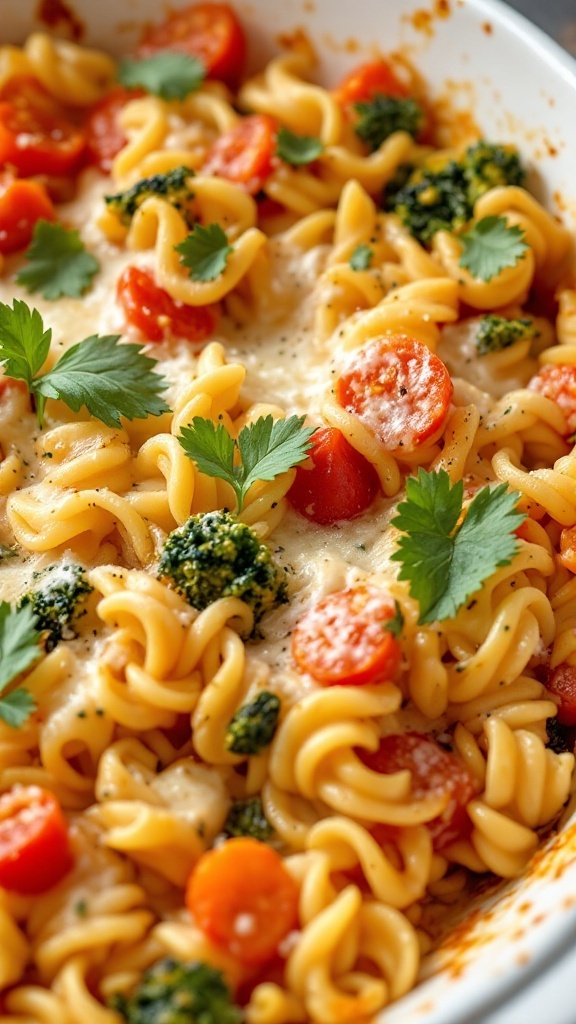 A creamy pasta primavera casserole with colorful vegetables and melted cheese.