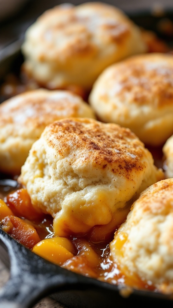 A delicious peach cobbler with golden biscuits on top, served in a skillet.