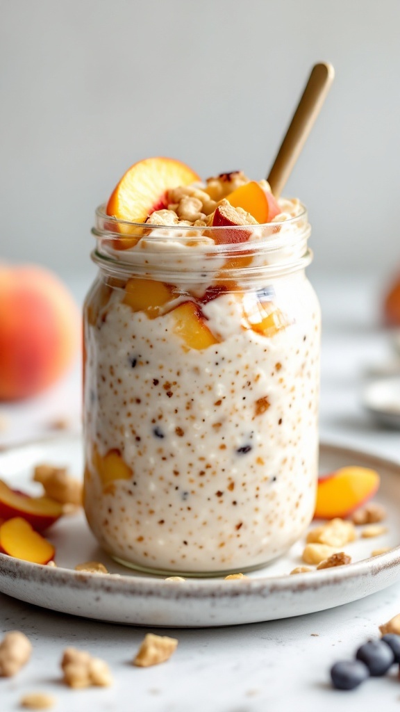 A jar of peach ginger overnight oats topped with fresh peach slices and nuts.