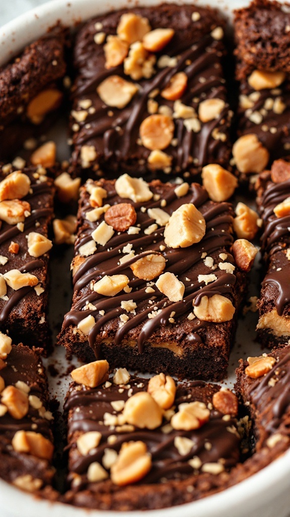 Delicious brownies topped with chocolate and peanuts