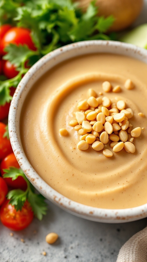 Peanut dressing in a bowl topped with peanuts, surrounded by fresh vegetables.