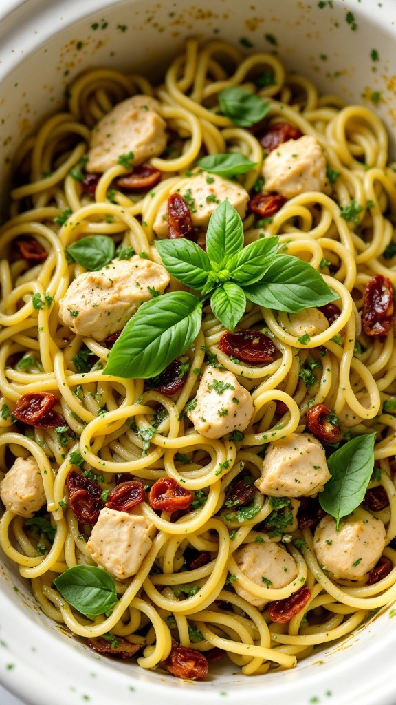 A delicious bowl of pesto chicken pasta with basil and sun-dried tomatoes.