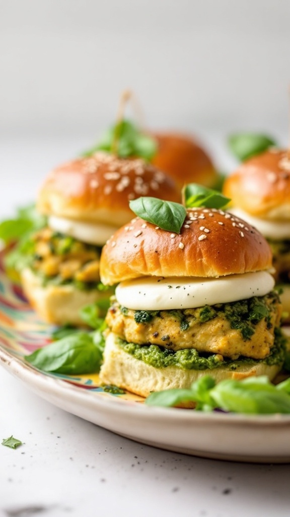 Pesto chicken sliders with fresh basil and pesto sauce