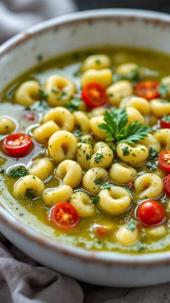 A bowl of Pesto Gnocchi Soup with cherry tomatoes and fresh herbs