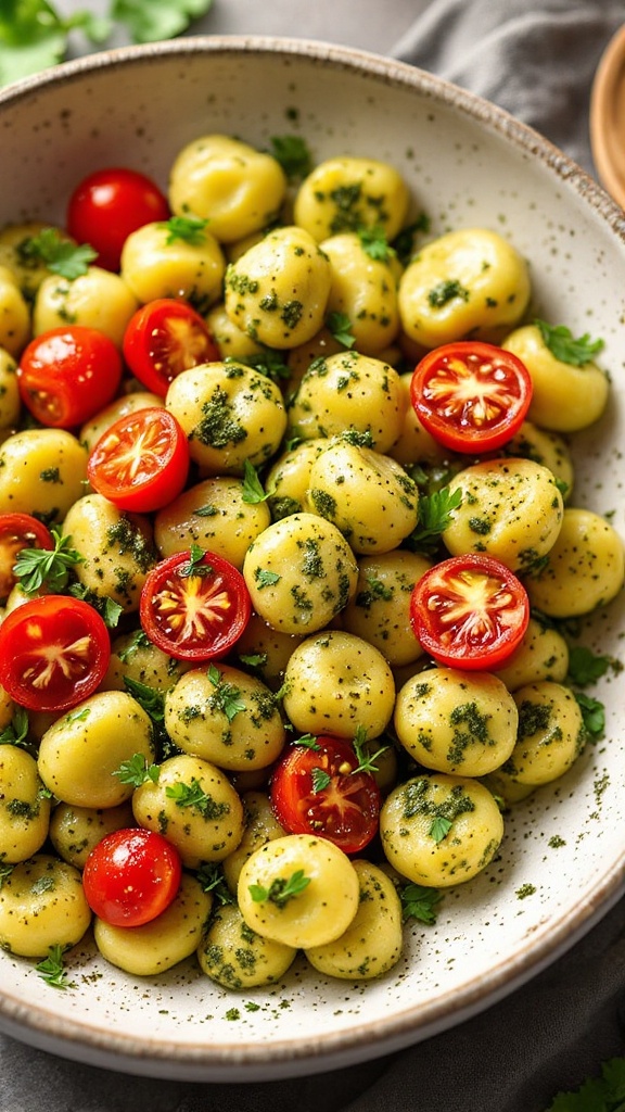 Bowl of pesto gnocchi garnished with fresh basil and cherry tomatoes