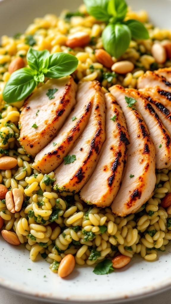 A plate of pesto orzo with sliced grilled chicken, topped with pine nuts and fresh basil.