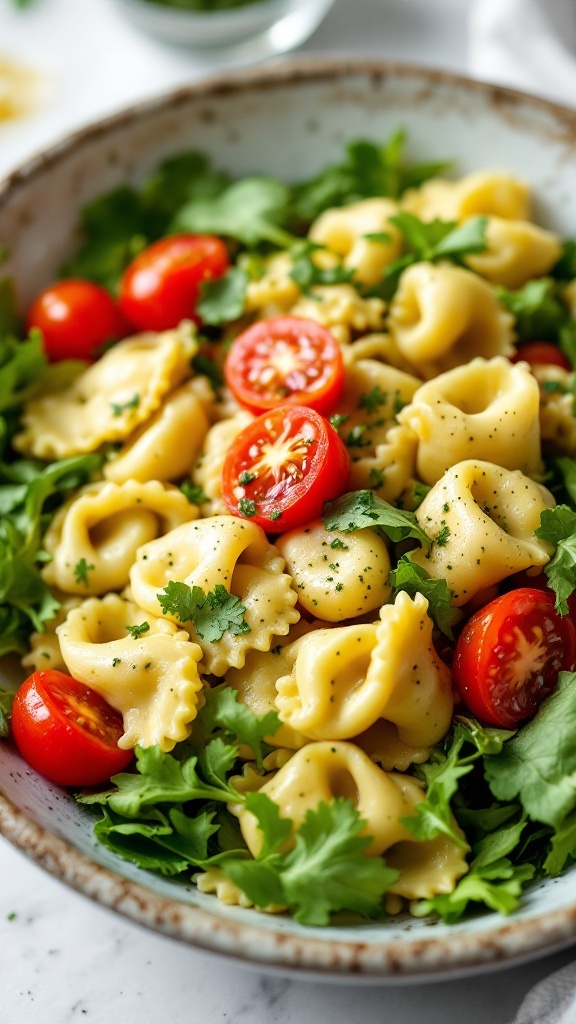 A delicious bowl of pesto tortellini salad with cherry tomatoes and greens.