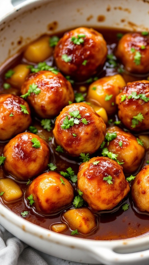 A bowl of pineapple teriyaki meatballs garnished with green onions.