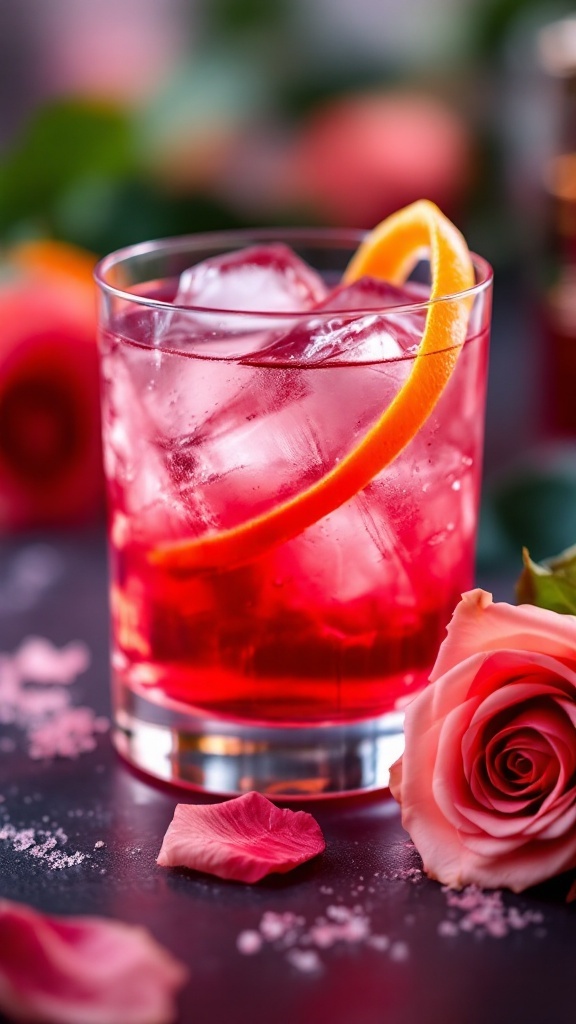 A refreshing Pink Velvet Negroni cocktail garnished with an orange slice, perfect for Valentine's Day.