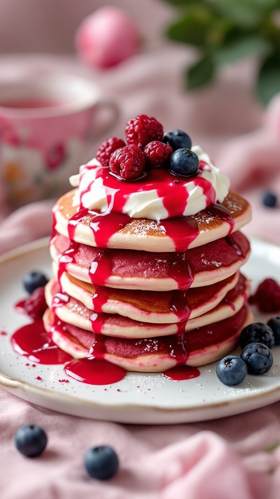 Stack of pink velvet pancakes topped with cream cheese, berry sauce, and fresh berries