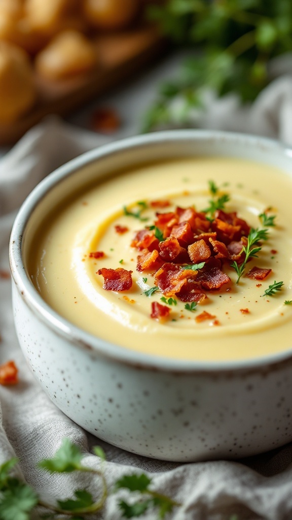 A bowl of creamy potato leek soup garnished with crispy bacon and herbs.