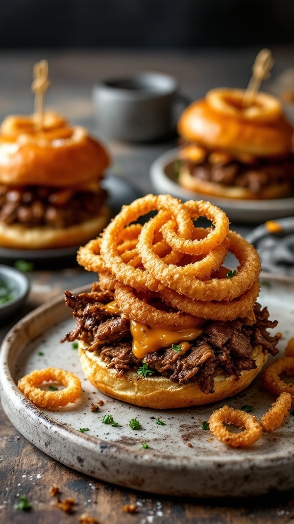 Pulled brisket sliders topped with onion rings on a plate.