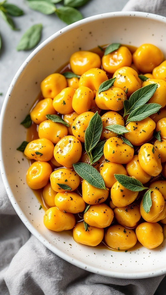 A bowl of pumpkin gnocchi in brown butter sauce, garnished with fresh sage leaves.