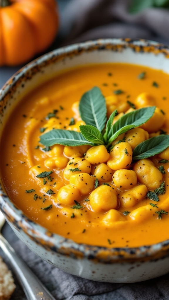 A bowl of creamy pumpkin gnocchi soup garnished with sage leaves.