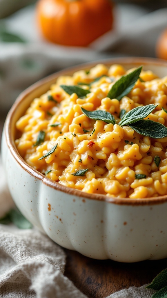 A bowl of pumpkin risotto garnished with sage leaves, showcasing a creamy and rich texture.