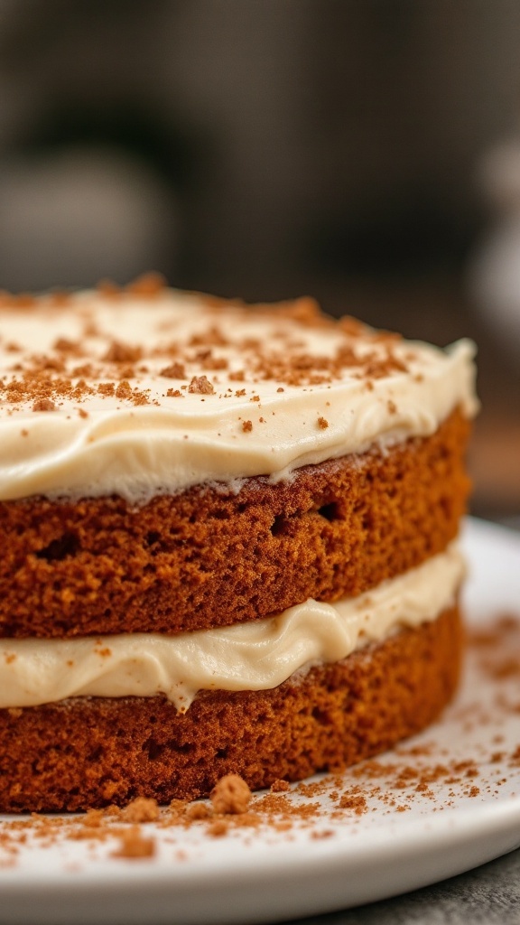 A delicious pumpkin spice cake layered with cream cheese frosting.