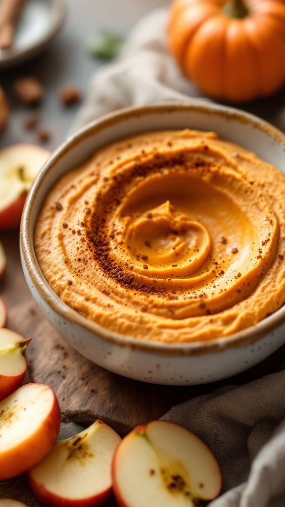 Bowl of pumpkin spice hummus with apple slices