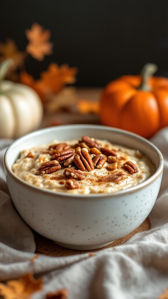 A bowl of pumpkin spice overnight oats topped with pecans.