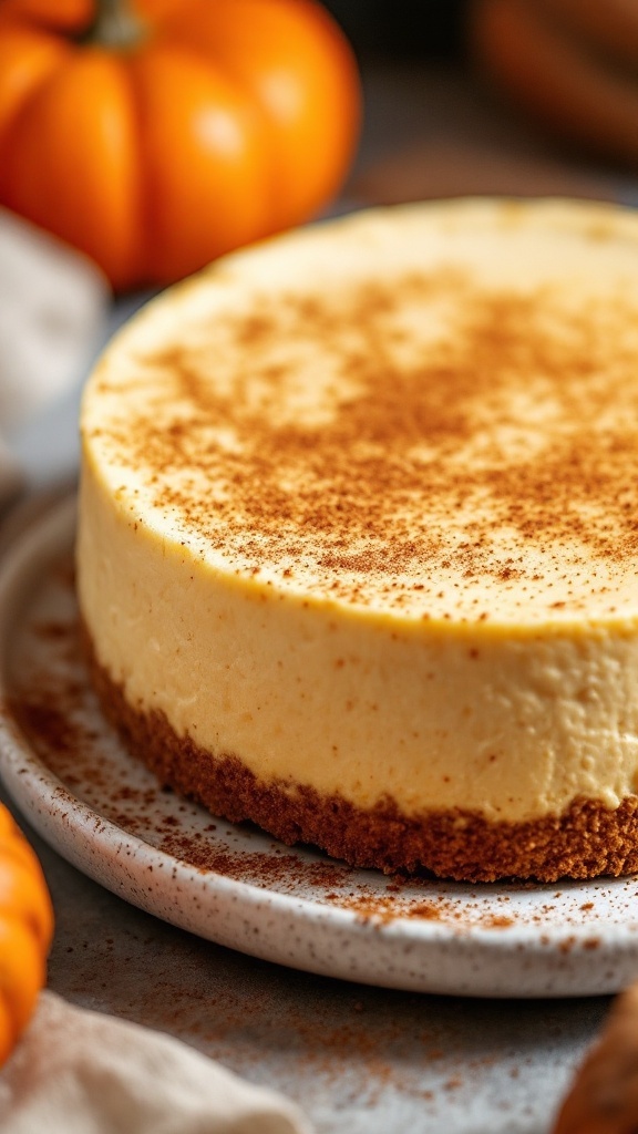 A pumpkin spiced cottage cheese cheesecake topped with cinnamon.