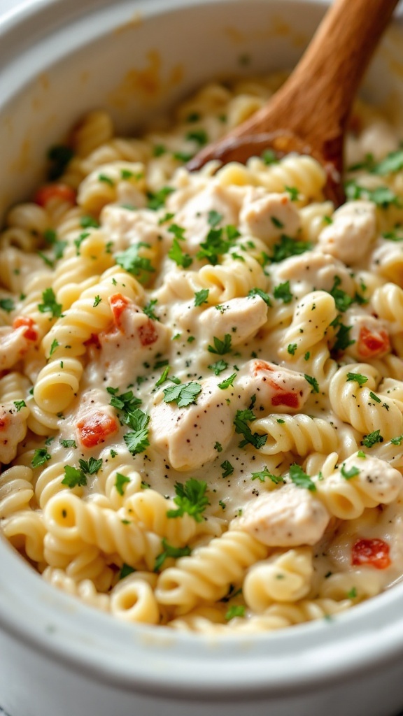 A creamy and flavorful ranch chicken pasta dish with shredded chicken and rotini pasta.