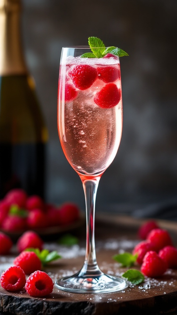 A beautiful Raspberry Champagne Cocktail served in a flute, garnished with mint leaves and surrounded by fresh raspberries.