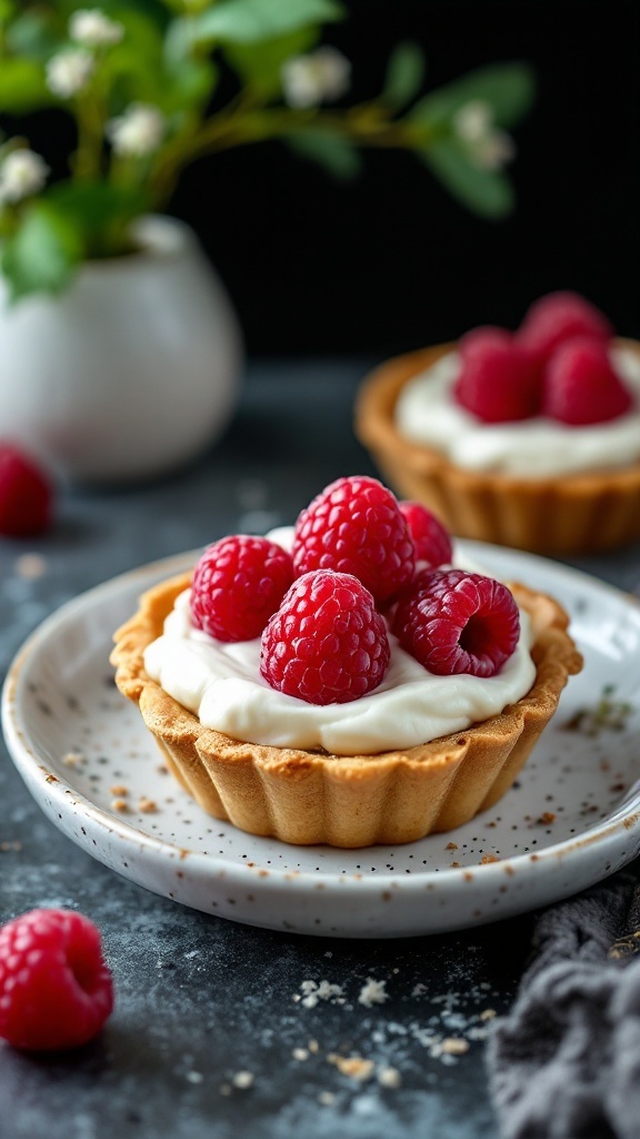 Delicious raspberry cream cheese tartlets topped with fresh raspberries