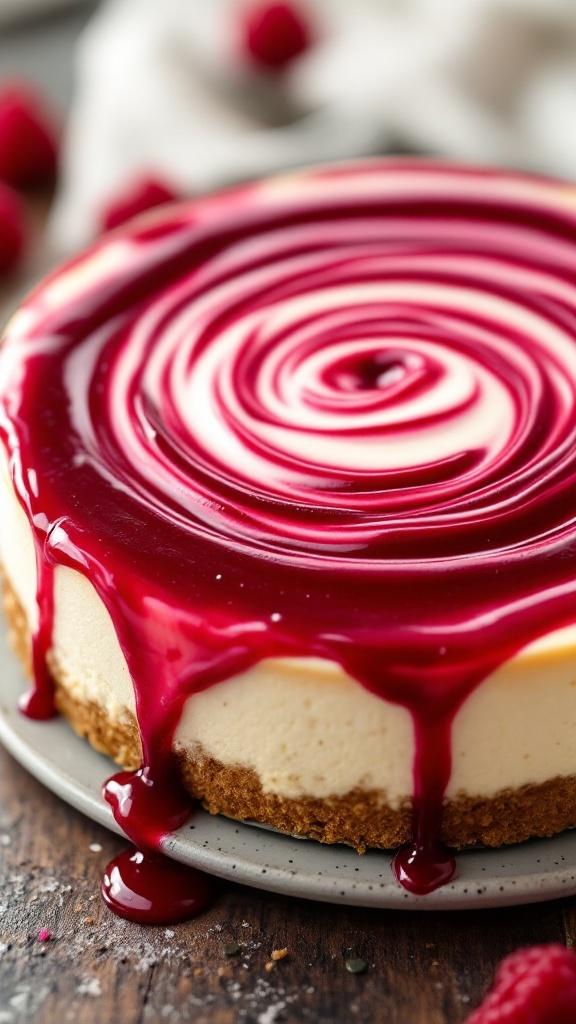 A beautifully swirled raspberry ripple cottage cheese cheesecake