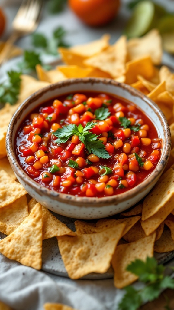 A bowl of red chili salsa surrounded by tortilla chips.