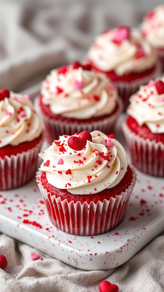 Delicious red velvet cupcakes with cream cheese frosting and heart-shaped decorations