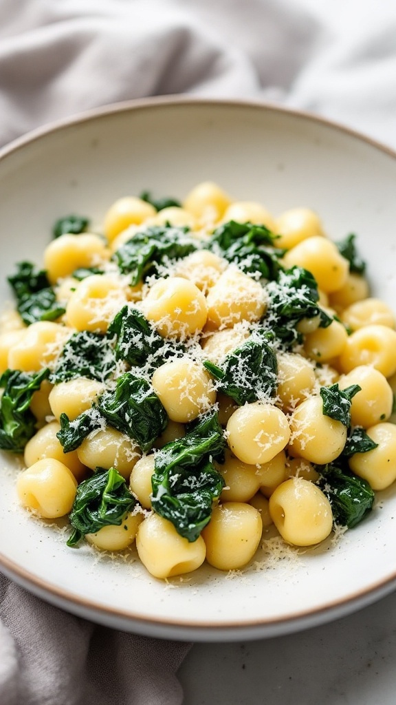 A bowl of ricotta gnocchi with spinach and Parmesan cheese.