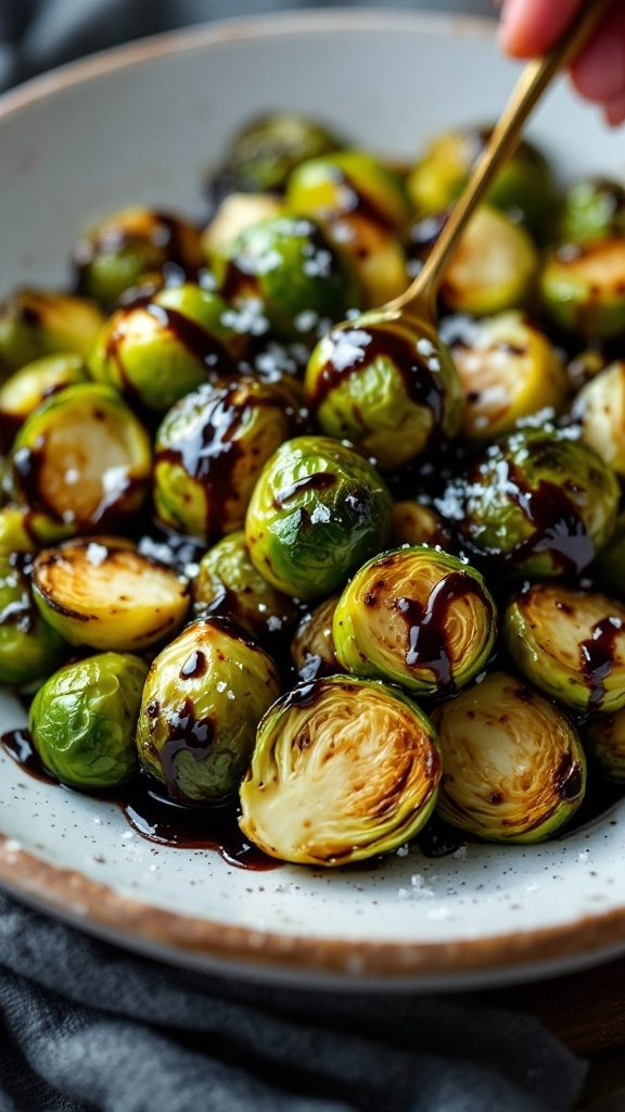 A plate of roasted Brussels sprouts drizzled with balsamic glaze.