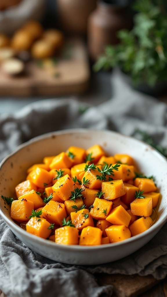 A bowl of roasted butternut squash cubes garnished with herbs.