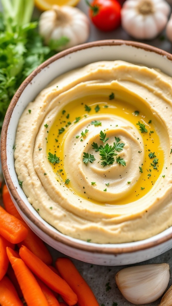 A bowl of roasted garlic hummus garnished with olive oil and parsley, surrounded by fresh vegetables.