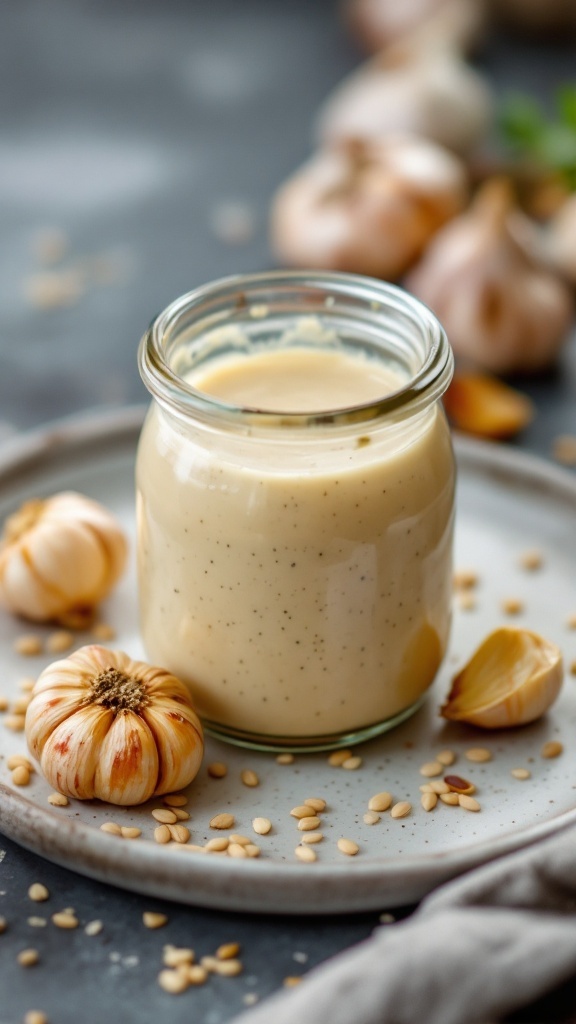 A jar of creamy roasted garlic tahini dressing on a plate surrounded by garlic cloves and sesame seeds.