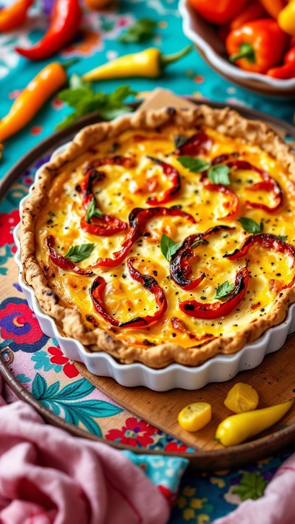 A delicious roasted red pepper and goat cheese quiche served in a white pie dish.