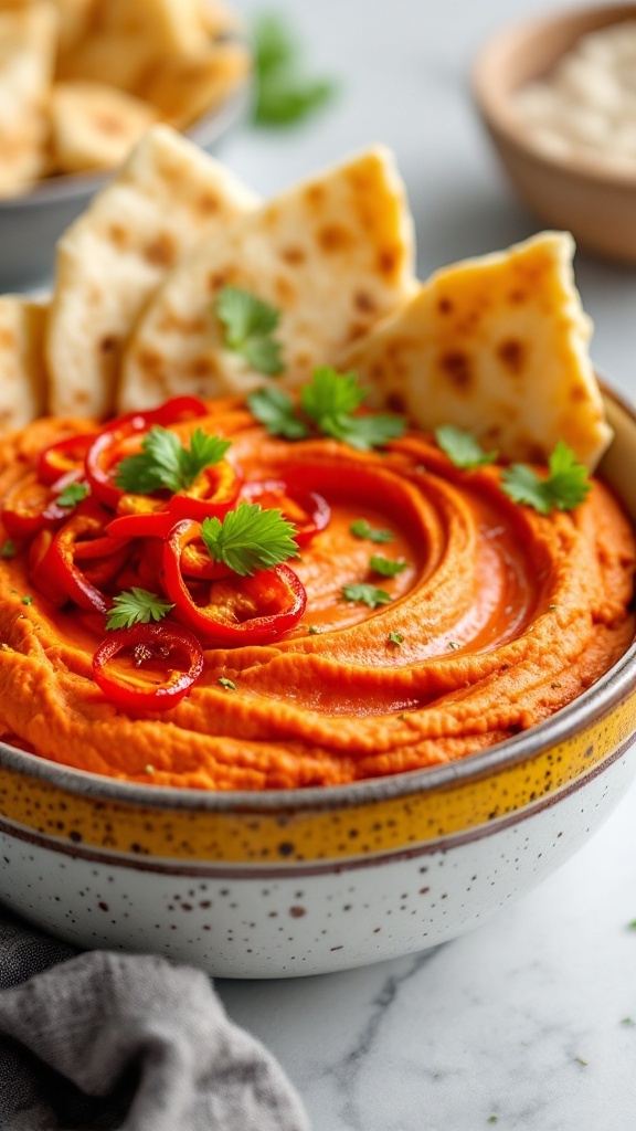 A bowl of roasted red pepper hummus garnished with sliced peppers and herbs, surrounded by pita bread.