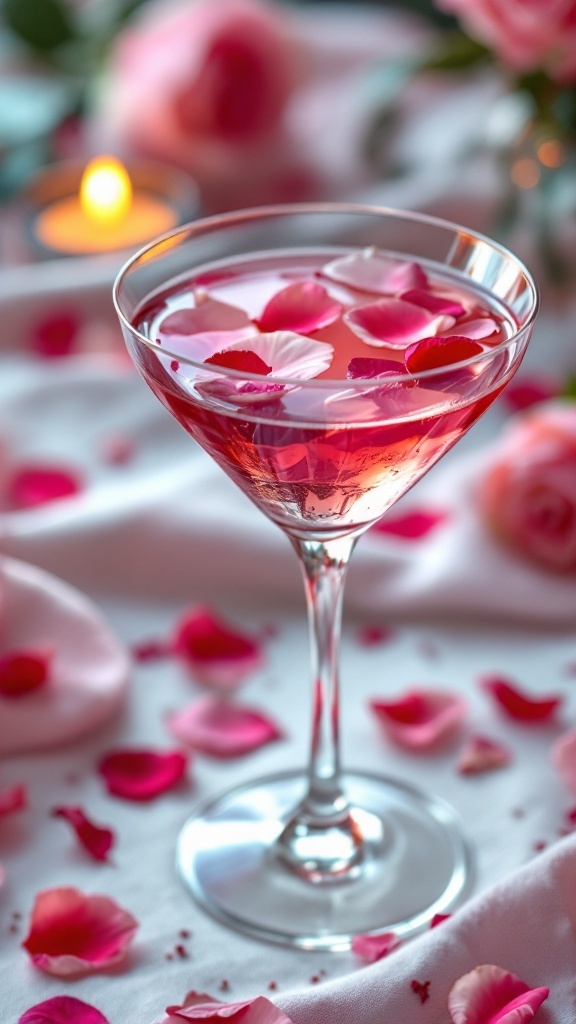 A beautifully crafted Rose Petal Martini garnished with rose petals.