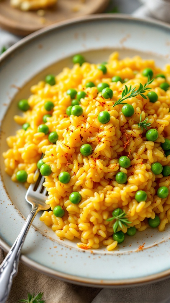 A serving of saffron risotto with peas, garnished with fresh herbs.