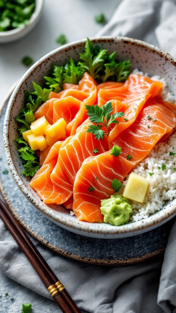 A beautifully arranged salmon sashimi bowl with sushi rice, fresh salmon, mango, avocado, and garnished with cilantro.