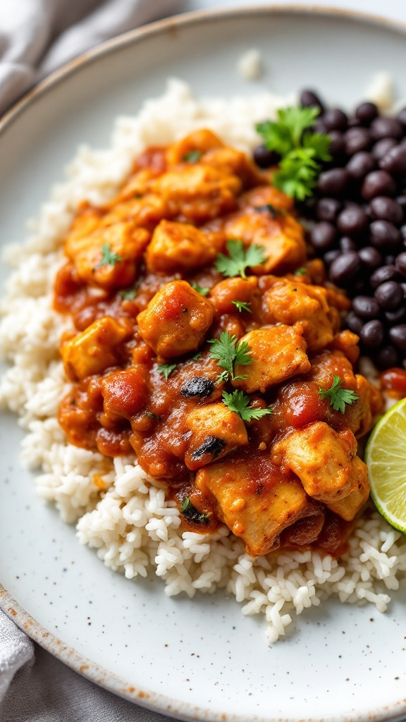 Salsa chicken with rice, black beans, and garnished with cilantro and lime.