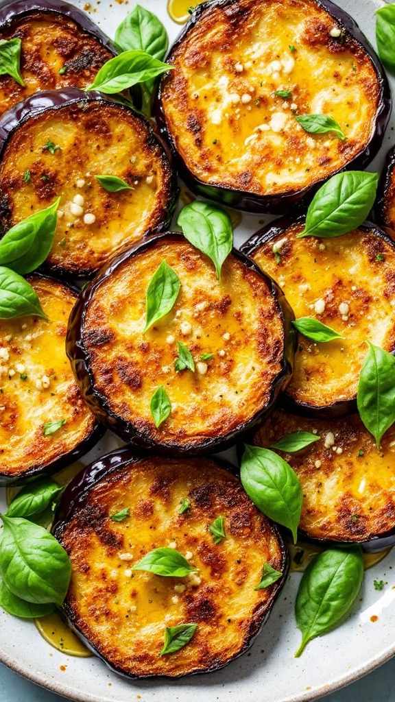 Savory air fryer eggplant slices garnished with fresh basil.