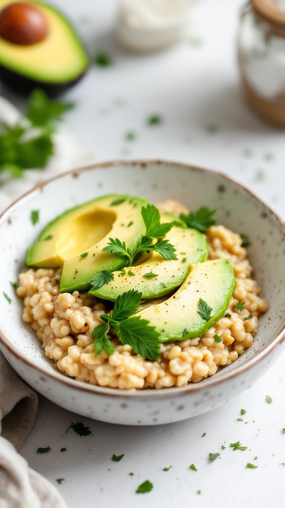 Savory avocado herb oats in a bowl with fresh herbs and avocado slices