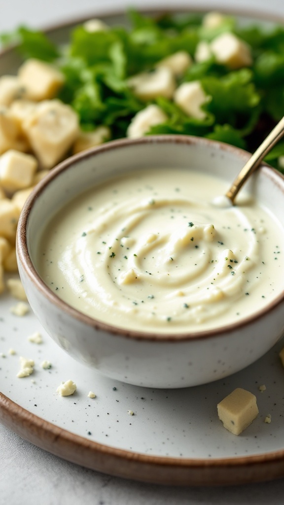 A creamy blue cheese dressing in a bowl with fresh greens and cheese cubes on the side.