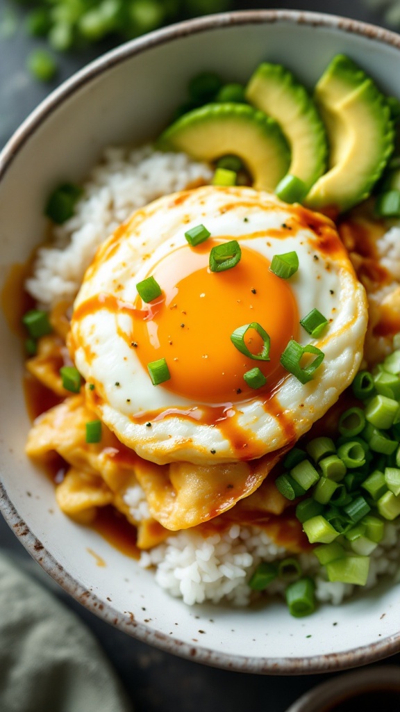 Savory Egg Sushi Bowl with rice, scrambled eggs, green onions, and cucumber