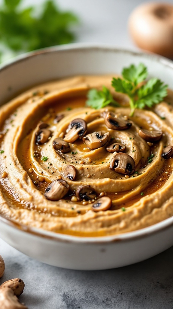 A bowl of savory mushroom hummus garnished with sautéed mushrooms and parsley, served with toasted bread.