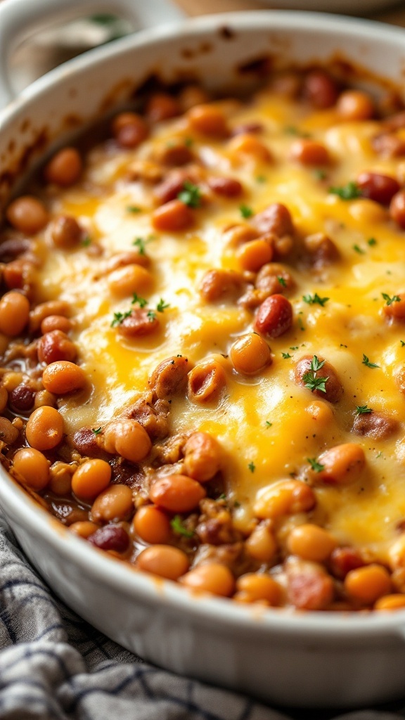 A delicious pork and bean casserole topped with melted cheese.