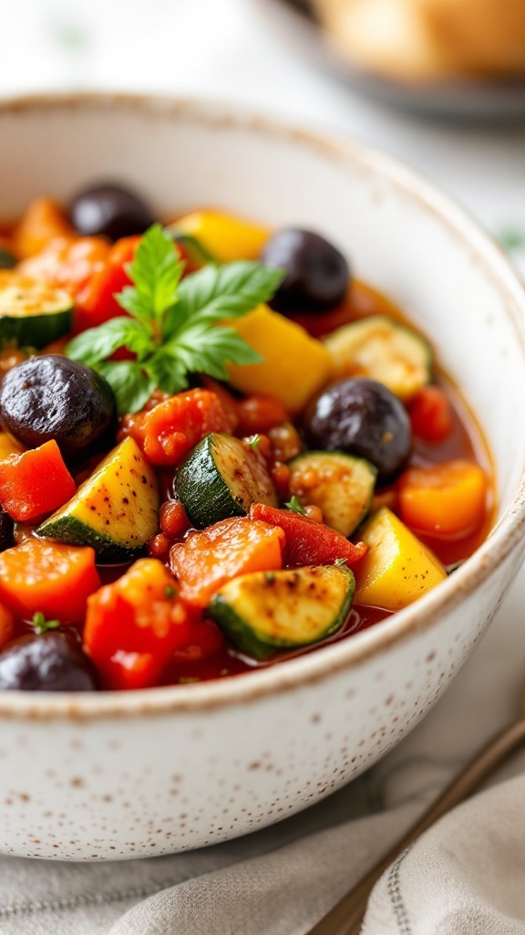 A bowl of savory ratatouille stew with colorful vegetables.